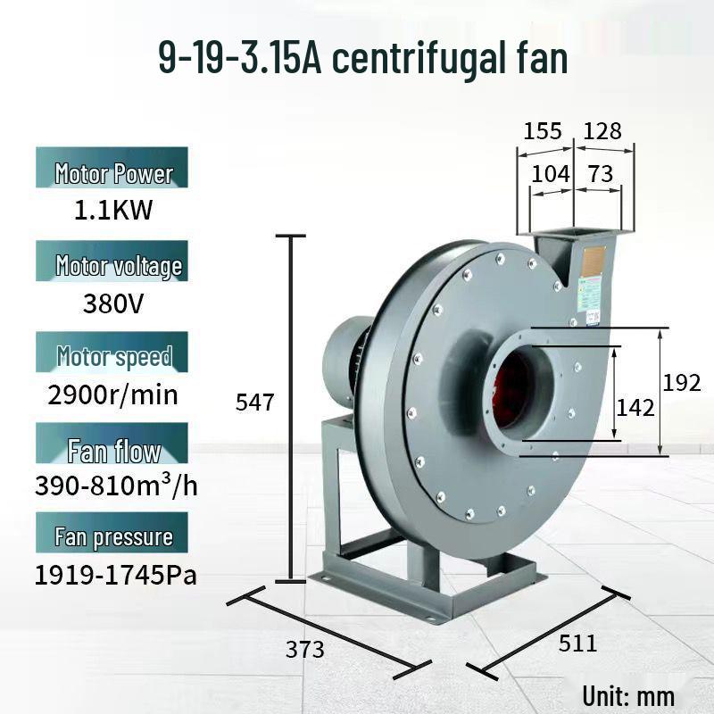High-Pressure 9-19 Centrifugal Fan Blower 380V for Exhaust, Material Conveying, Pellet Blowing, and Industrial Draft.