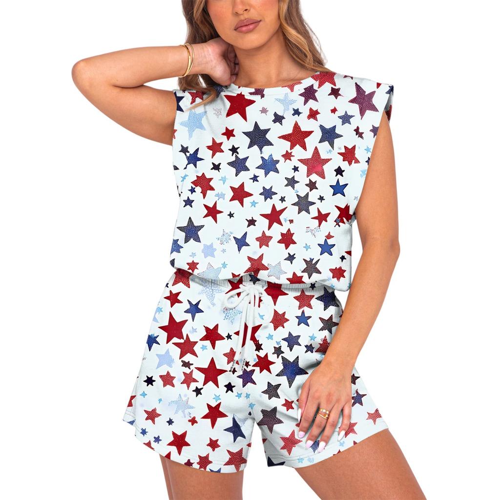 Women's Jumpsuit Independence Day Print Spring Summer Cap Sleeves Adjustable Drawstring Waist Comfortable Casual Short Jumpsuit With Pockets