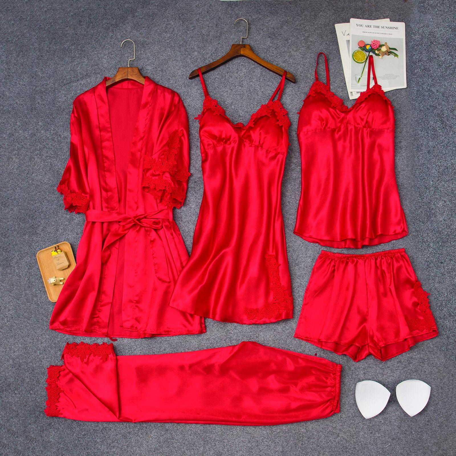 

Женские атласные кружевные камзолы из 5 предметов, шорты, ночная рубашка, халат, пижама, нижнее белье XXXL красный