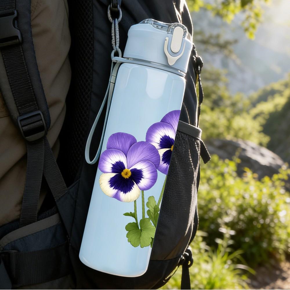 1PC Purple Pansy Flower Bouquet 750ml Color Plastic Sports Water Bottle Leakproof Flip Straw Lid Suitable for Sports Office Home Use