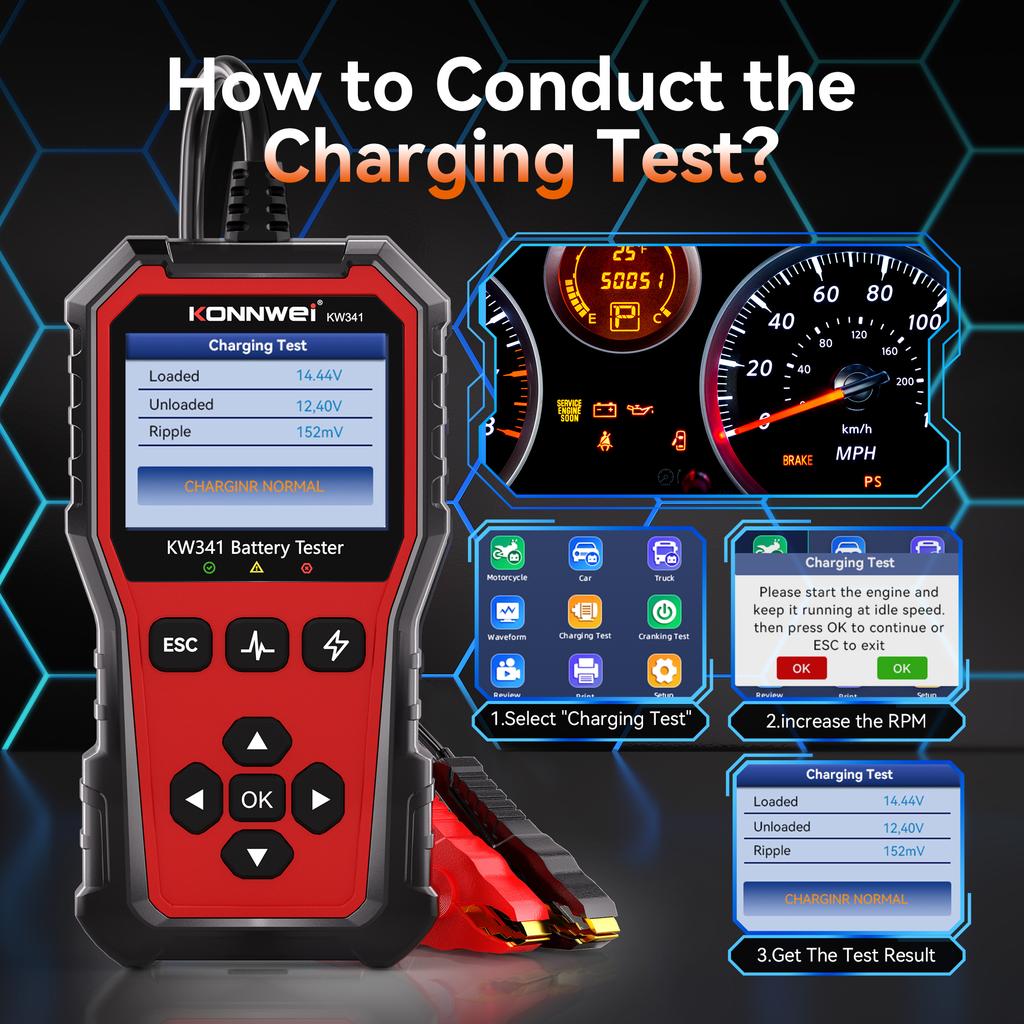KONNWEI KW341 Car Moto Truck Battery Diagnostic Tool 6V 12V 24V Fault Data Printing Start Voltage Test Car Battery Charging Scan