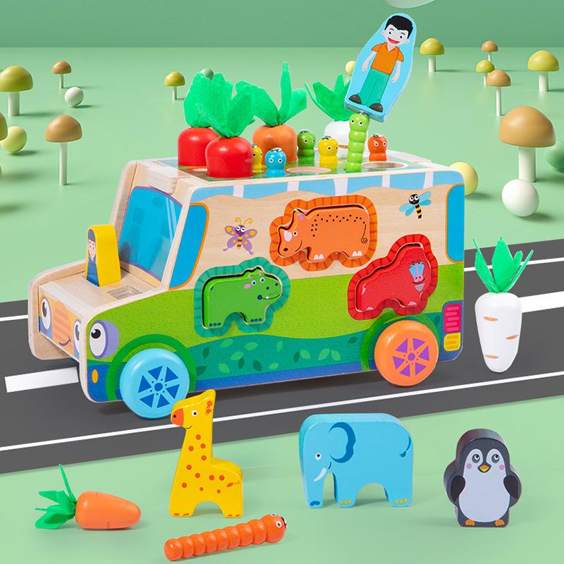 Kids' Educational Farm Orchard Toy Car with Building Blocks and Pull Carrot Puzzle