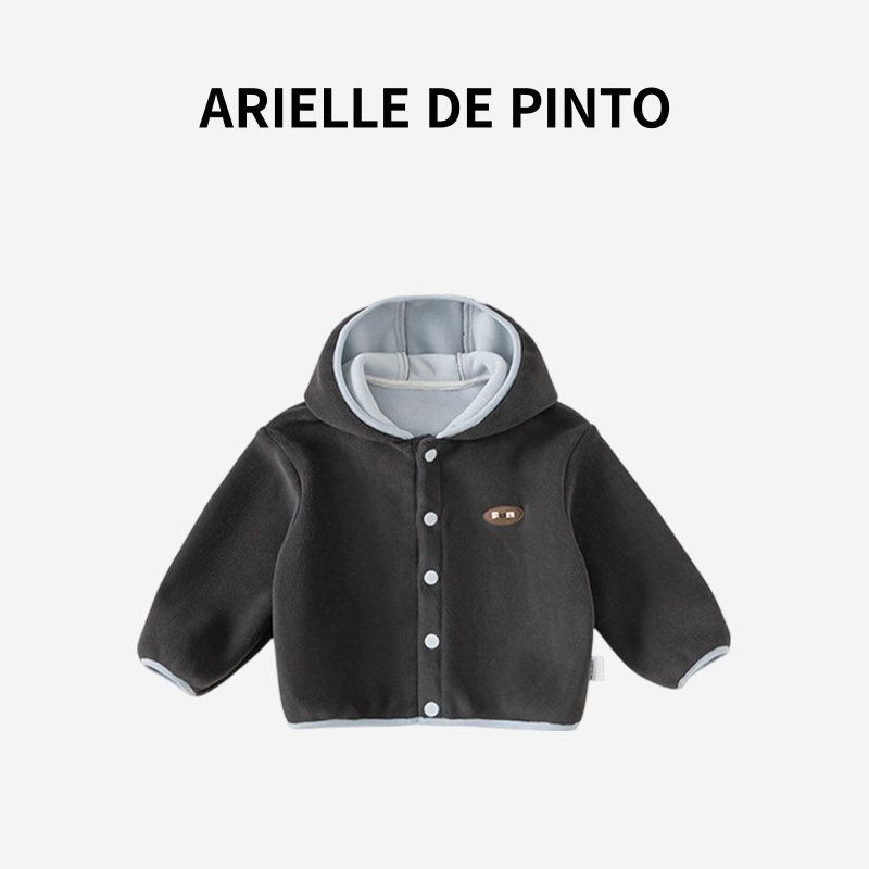 French Arielle De Pinto Boys and Girls Fleece Jacket Autumn and Winter Style Hooded Sweater Thickened and Fleece-Lined Gray 140