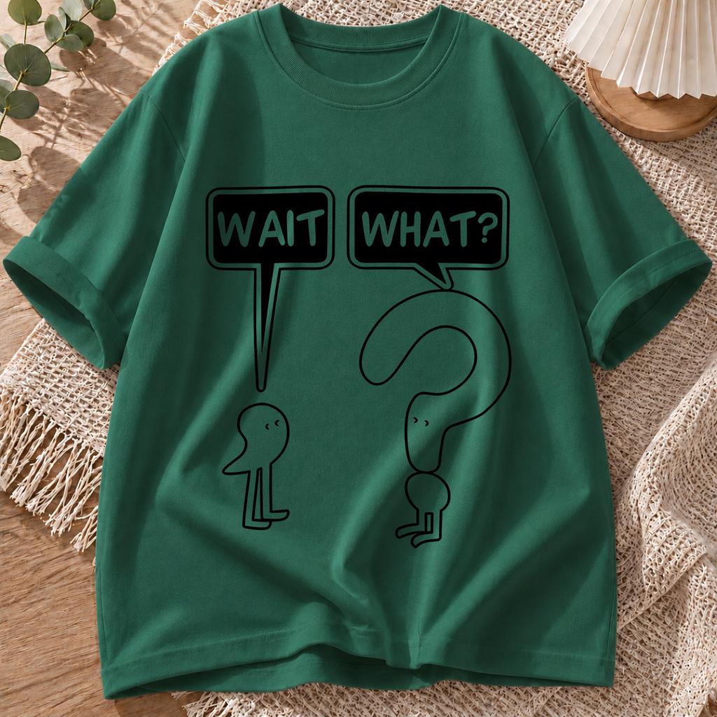2026 New Pure Cotton Tshirt Wait What Funny Confused Cartoon Print Crew Neck Short Sleeve Casual Top