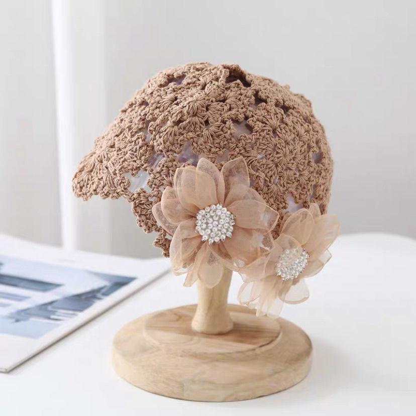 Women's Spring Summer Korean Style Thin Hollow Pearl Petal Handmade Knit Hat Elegant Wool Cap Sweet Head Wrap Hat