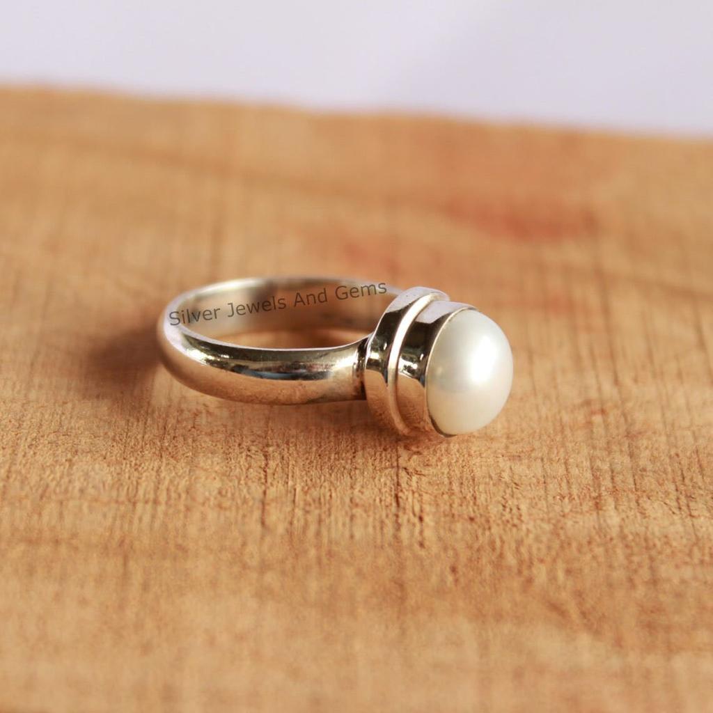 Natural Pearl Ring-Handmade Silver Ring-925 Sterling Silver Ring-Round Fresh Water Pearl Ring-Gift for her-Promise Ring-June Birthstone