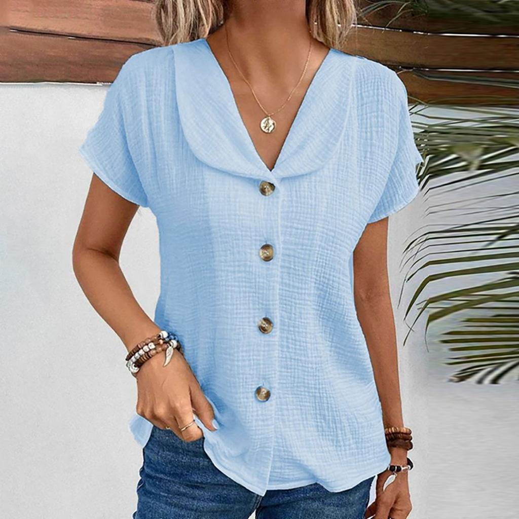 Women's Shirt Solid Color Slim  Fitting V-neck Button Cardigan Short-sleeved Top