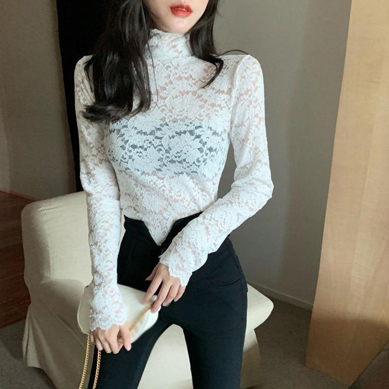 

Женские кружевные топы, ажурные жаккардовые длинные рукава, модная рубашка