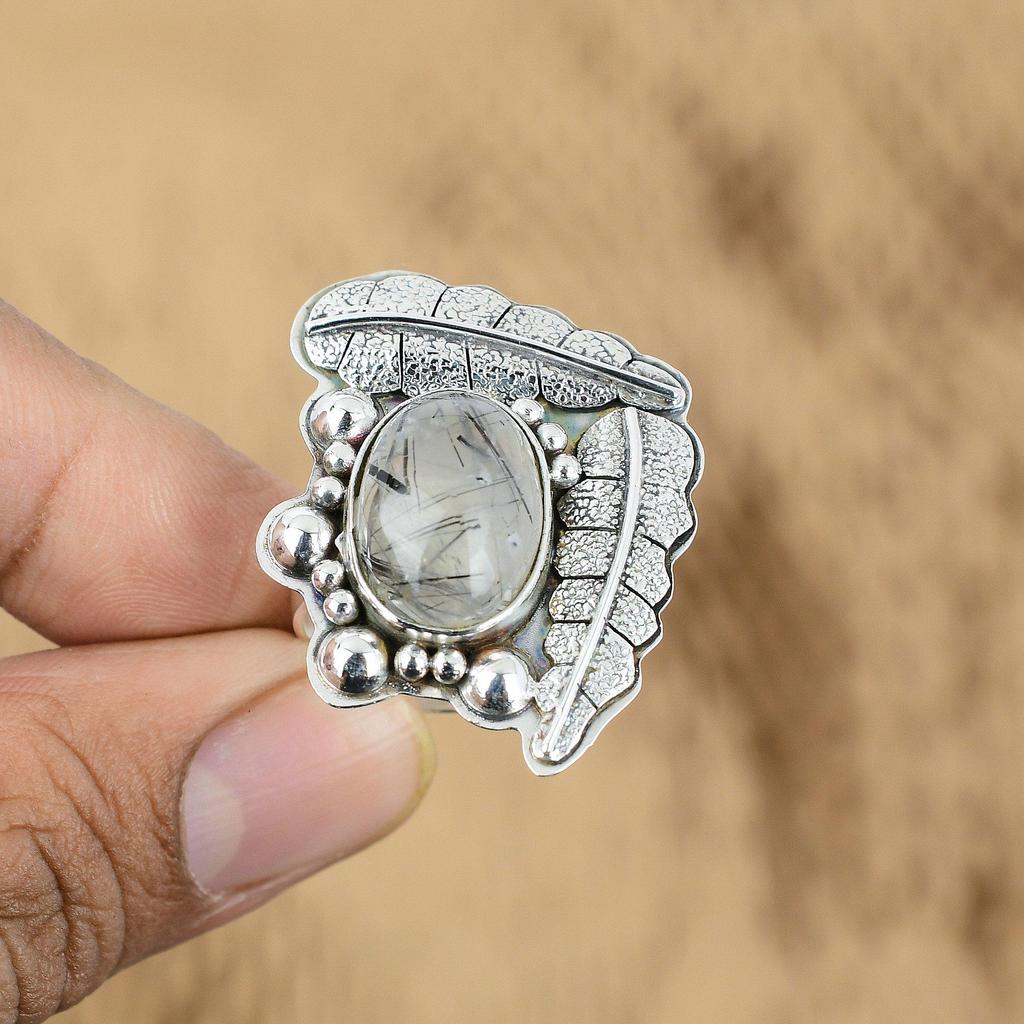 Black Rutile Gemstone 925 Sterling Silver Statement Sister Promise Birthday Ring
