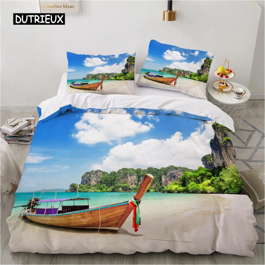 Natural Landscape King Queen Duvet Cover Comic Ink Painting Style Bedding Set Adults Tree Mountain River Polyester Quilt Cover