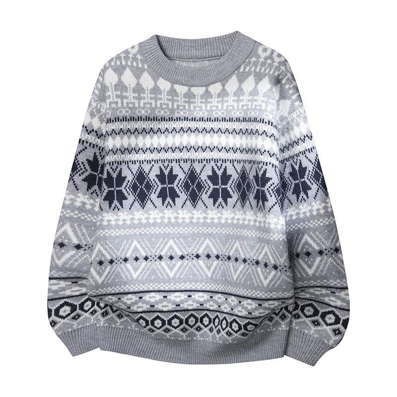 Loose Sweater Men's Round Neck Bottoming Shirt Geometric Contrast Color Long-sleeved Pullover Autumn and Winter Top