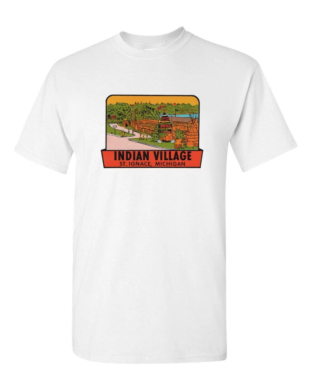 T Shirt Vtg Travel Art 100% Cotton Tourist State Retro Indian Village Michigan XL
