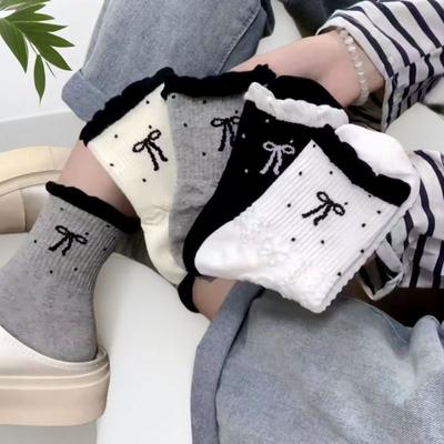 Dámske jarné a letné nové trendy ponožky s mašľou a reliéfom, bublinkovým vzorom a čipkovanou trubicou