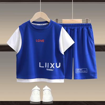 Children's Boys Summer Suit Patchwork Short Sleeve +Shorts Sports Suit 2 Pieces Set