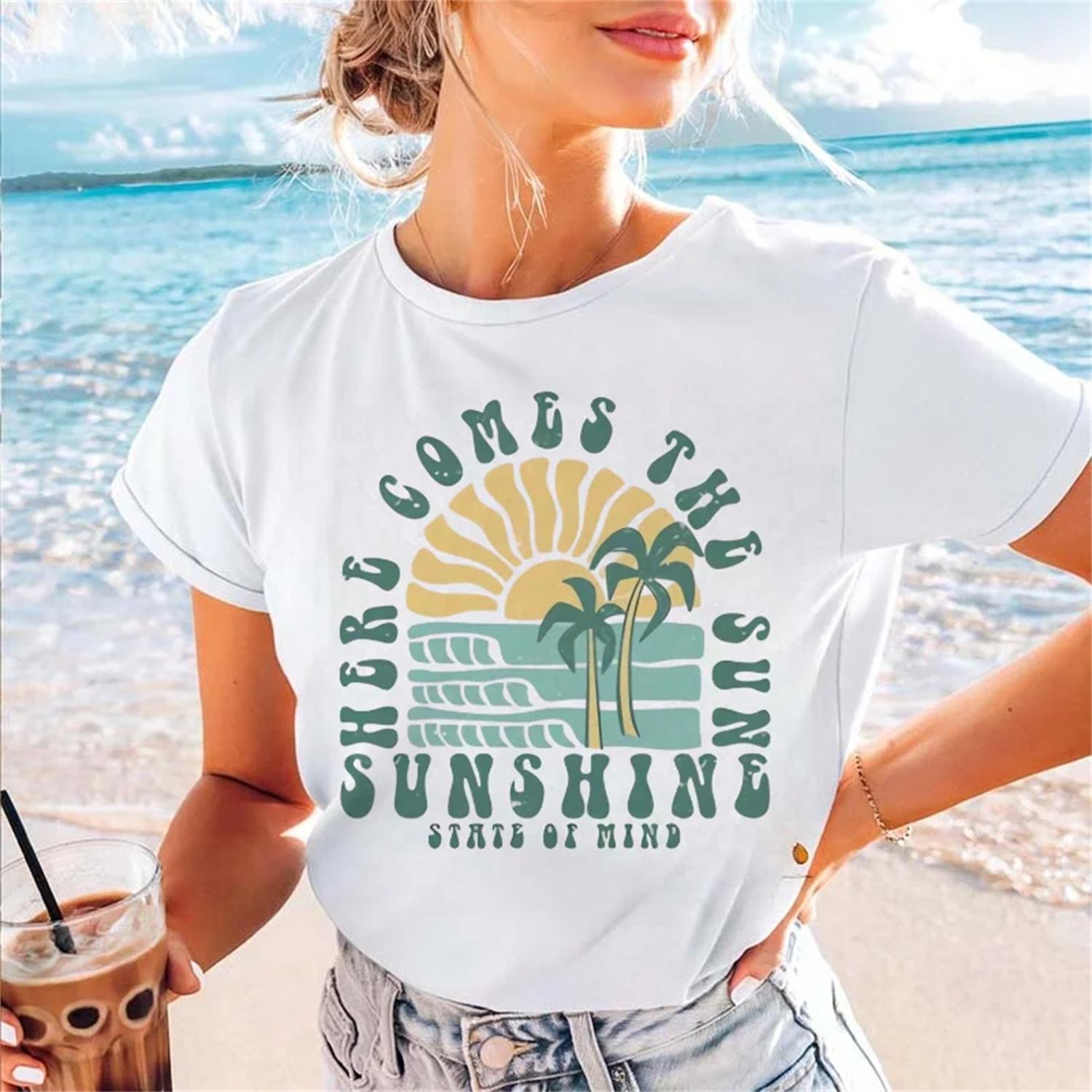 

Summer Beach Coconut Tree Pattern Printed T-Shirt Cute Round Neck Regular Casual T-Shirt Popular Printed Fashion Short Sleeve XXXXXL білий
