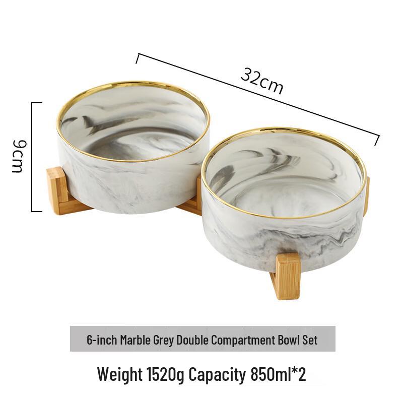 

Ru Han Gold Rim Marble Ceramic Double Pet Bowl Set