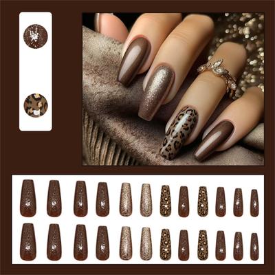 24pcs Leopard Print Coffin Nails Set Press On Nail Fall Winter Full Cover Stick On Nail Manicure Nail Accesories