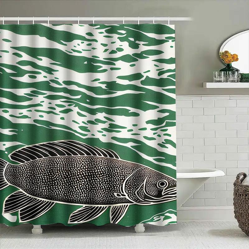 Modern Boho Style Fish Print Shower Curtain Waterproof Fabric For Bathrooms In Green White Camouflage Design
