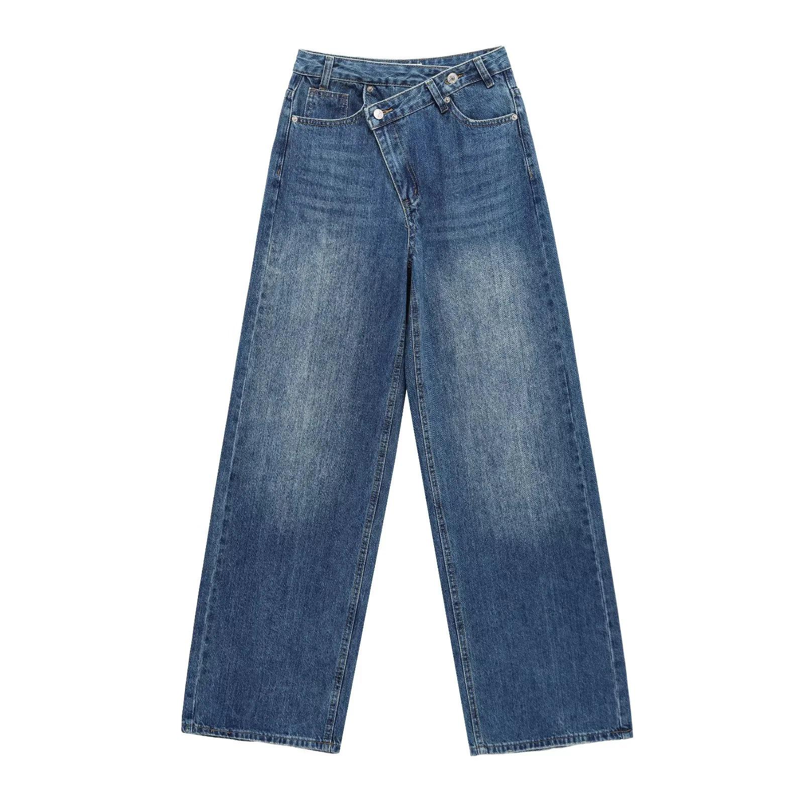 

Women s High-Waisted Double-Breasted Denim Jeans - Straight Fit Long Pants Medium