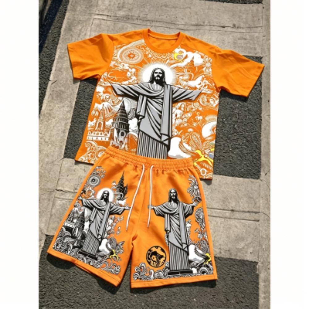 Europe and America Fashion JESUS Printing Outdoor Street Men's T-shirt and Shorts 2 Piece Set Summer Casual Outfit Men's and Women's Sports Set