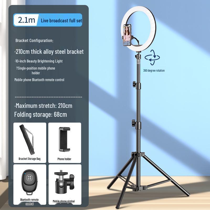 Doldurma Işığı ve Termometreli Bluetooth Tripod - Canlı Yayın ve Fotoğrafçılık İçin Yere Basan, Teleskopik Cep Telefonu Tutucu