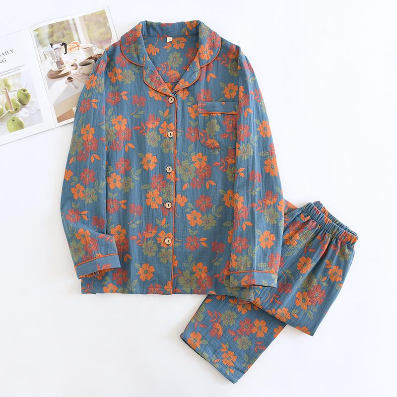 New 2024 Women's Floral Cotton Pajamas Set - Long-Sleeve, Turn-Down Collar, Double-Layer Gauze for Spring and Autumn.
