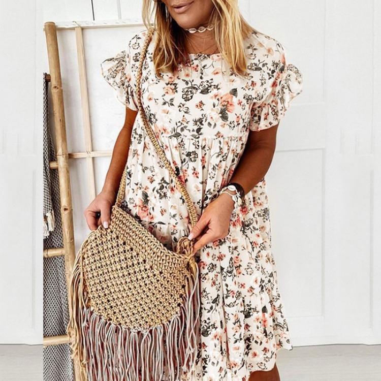 Flowers Print Casual Loose Short Sleeve All-match Women Dress
