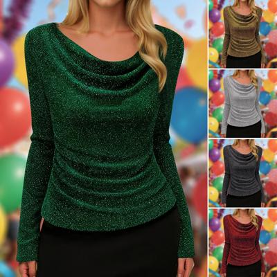 Women T-shirt Off Shoulder Long Sleeve Slim Fit Pullover Tops Glitter Solid Color Stretchy Tops Work Party Casual Wear