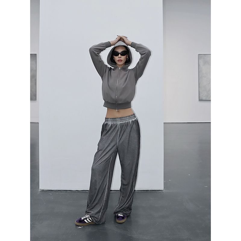 

[50% off] Fall and Winter Future Sense Distressed Gray Low Waist Double Layer Fabric Mesh High Street Wide Leg Track Pants Grey S
