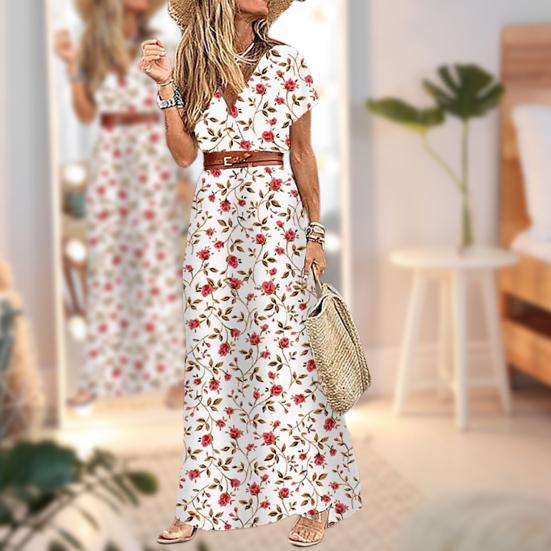 Damen Kleid Blumendruck Gürtel Frühling Sommer Bohemina A-Linie Maxi Kleid Strandbekleidung