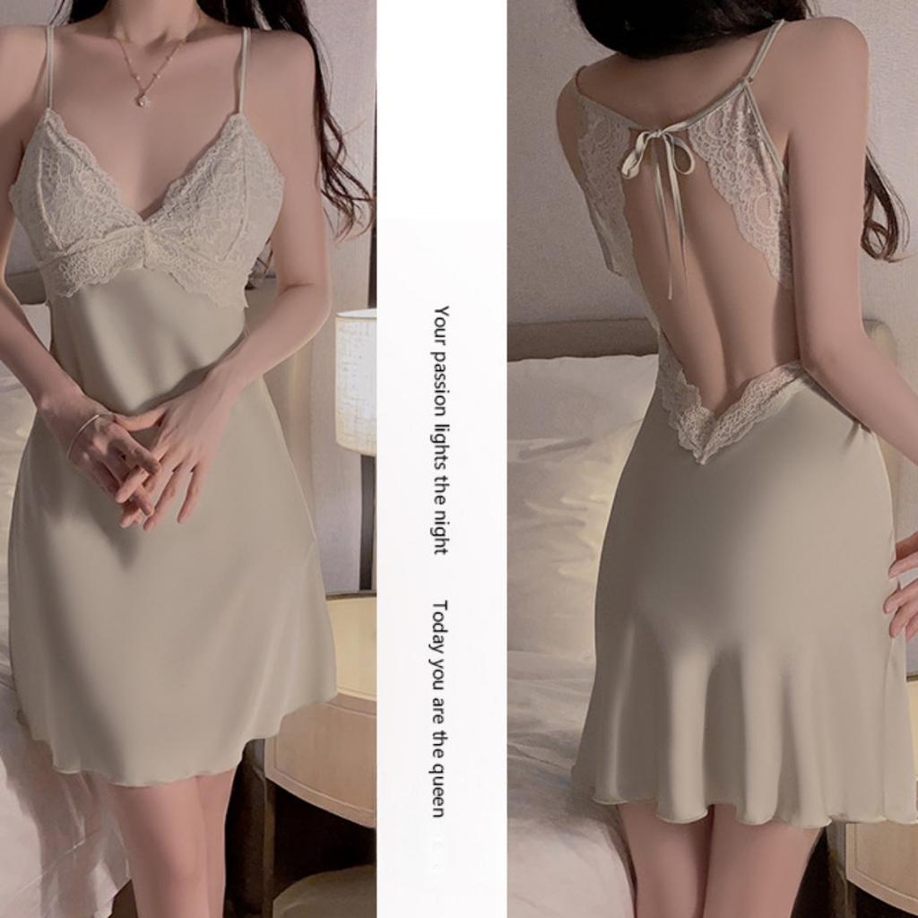 Sexy Backless Large-size Pajamas Plus Chest Pads Gather Lace Suspender Pajamas Women's Loungewear Set