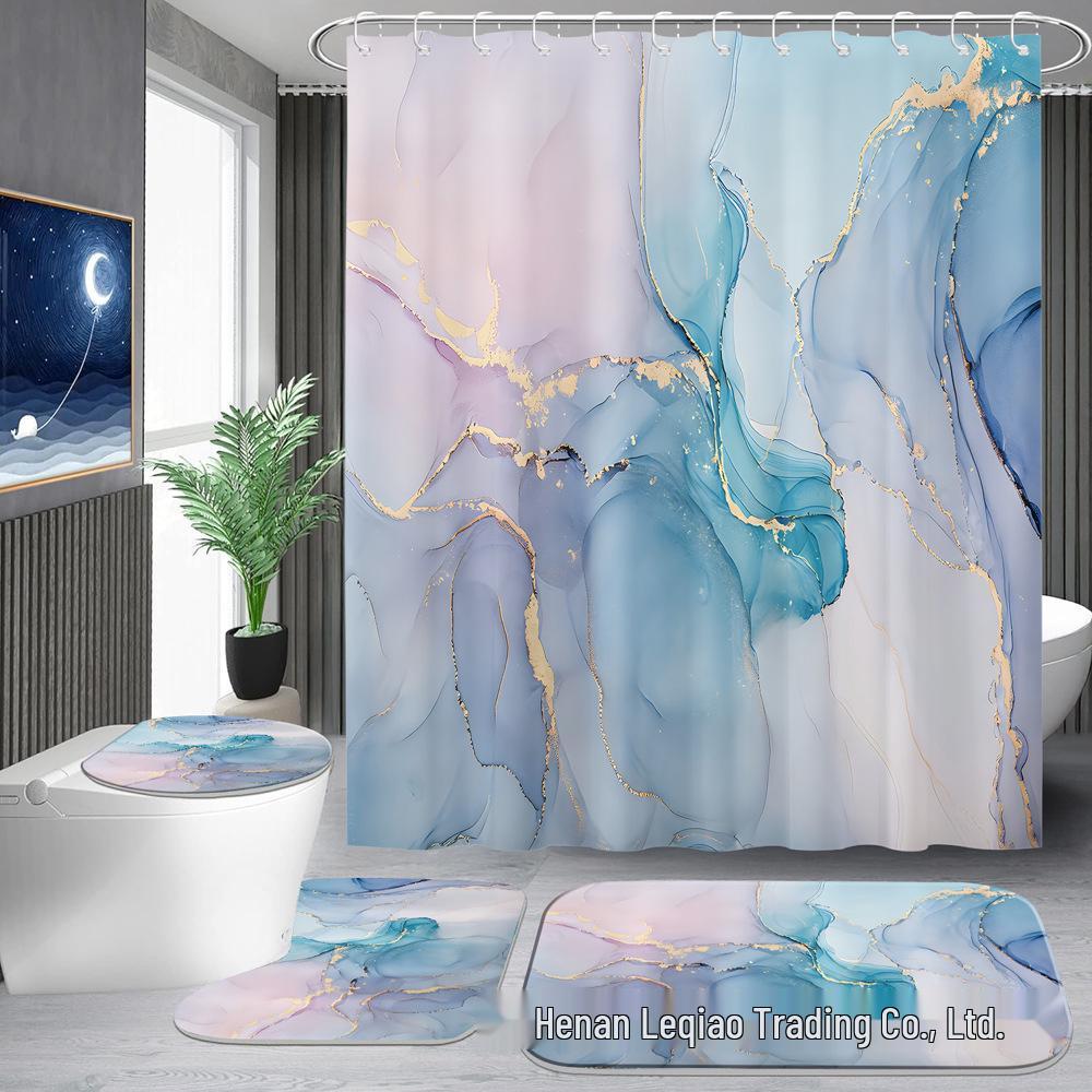 Dreamy Marble Gilded Pattern Shower Curtain with Hooks for Home Bathroom Decor