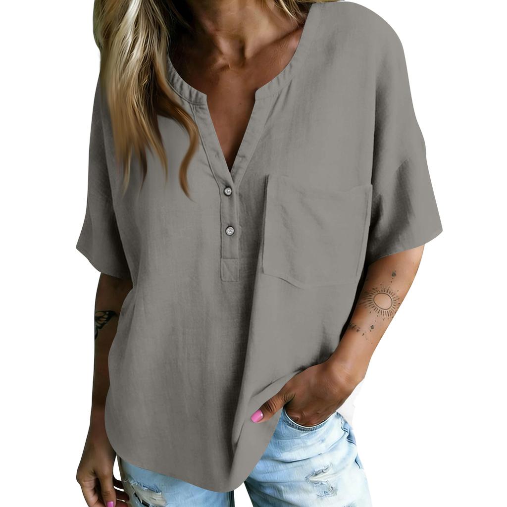 Women Casual V Neck Blouse Short Sleeve Bohemian Style Shirt Loose Fit Lightweight Summer Top with Button Detail and Pocket