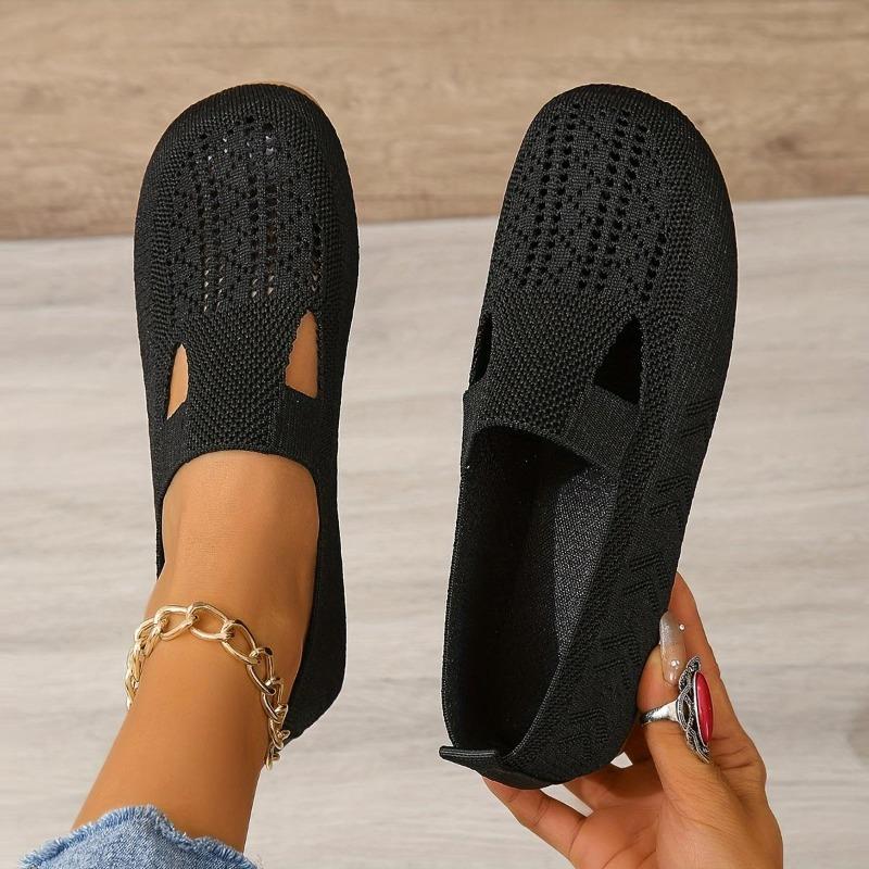 Women Stylish Soft Knitted Flat Shoes Round Toe Hollow Out Design Breathable Lightweight Comfortable Slip on Walking Shoes