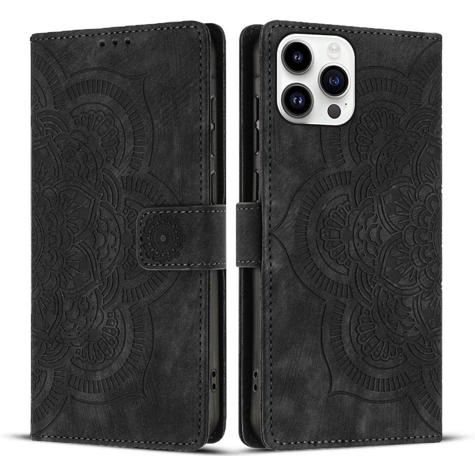 

For iPhone 15 Pro Leather Case WANLONFENG HDM Series Mandala Imprint Wallet Stand Phone Cover Black