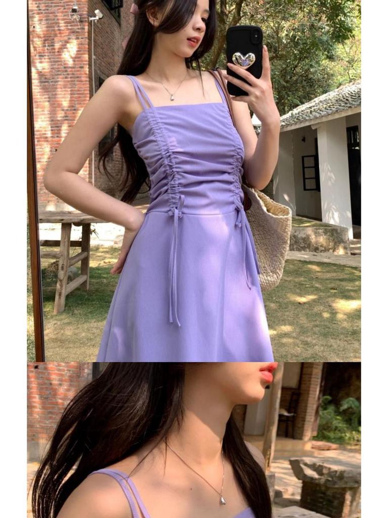 Women's Summer Drawstring Pleated Camisole Dress - Slimming Bodycon Bandeau Design