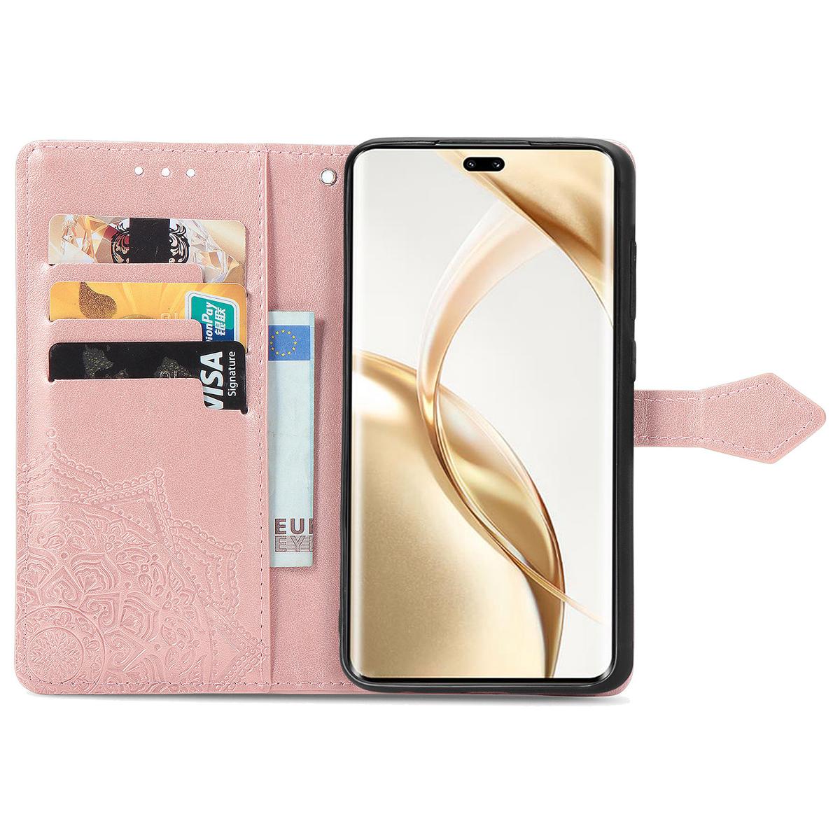 

For Honor 200 Pro 5G Case Embossed Mandala Leather Phone Cover Magnetic Flip Wallet Rose Gold