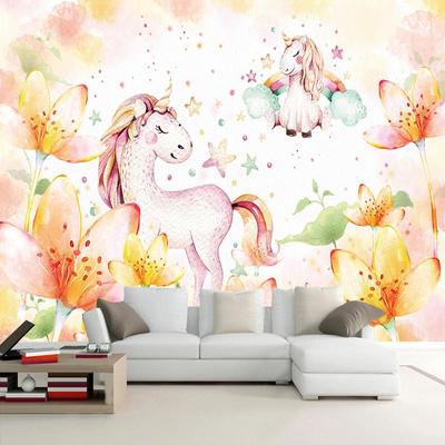 Photo Mural Wallpaper 3D Hand Painted Forest Vintage Dream Horse Flower Painting Kid's Bedroom Background Wall Papel De Parede
