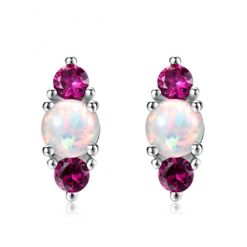 Internet Celebrity Simple Cold Wind's Round Opal with Diamond Stud Earrings Women's Exquisite Small Jewelry