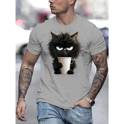Digital Print Short Sleeve Crew Neck T-Shirt Men Cat Animal Breathable Fabric Relaxed Fit Summer Outdoor Essential Holiday Casual Wear