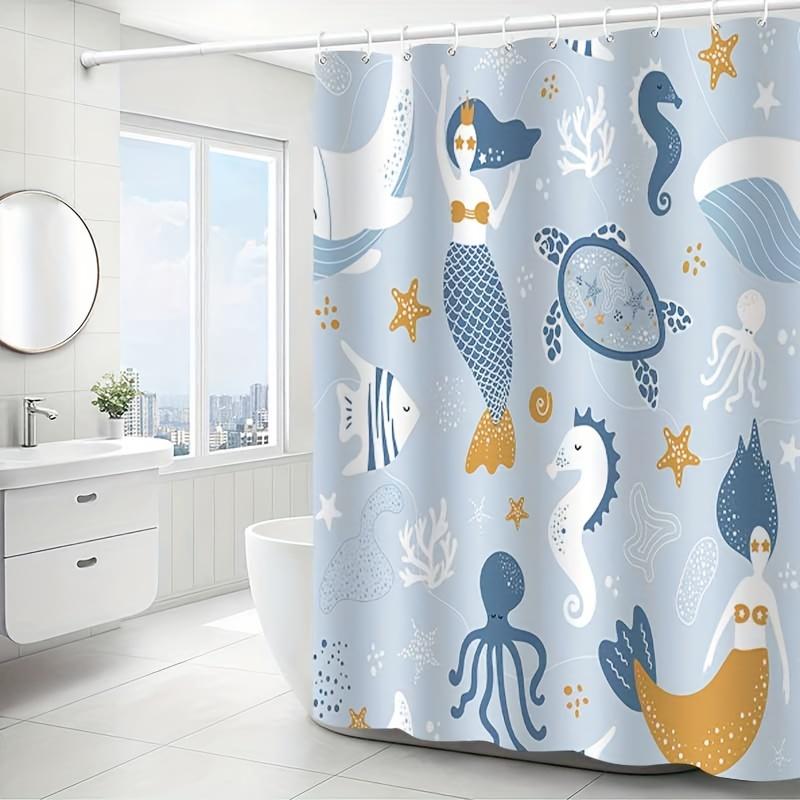 1Pc Cute Mermaid Underwater Pattern Shower Curtain, Polyester Fabric, Machine Washable, With Hooks, Suitable For Bathroom Use.