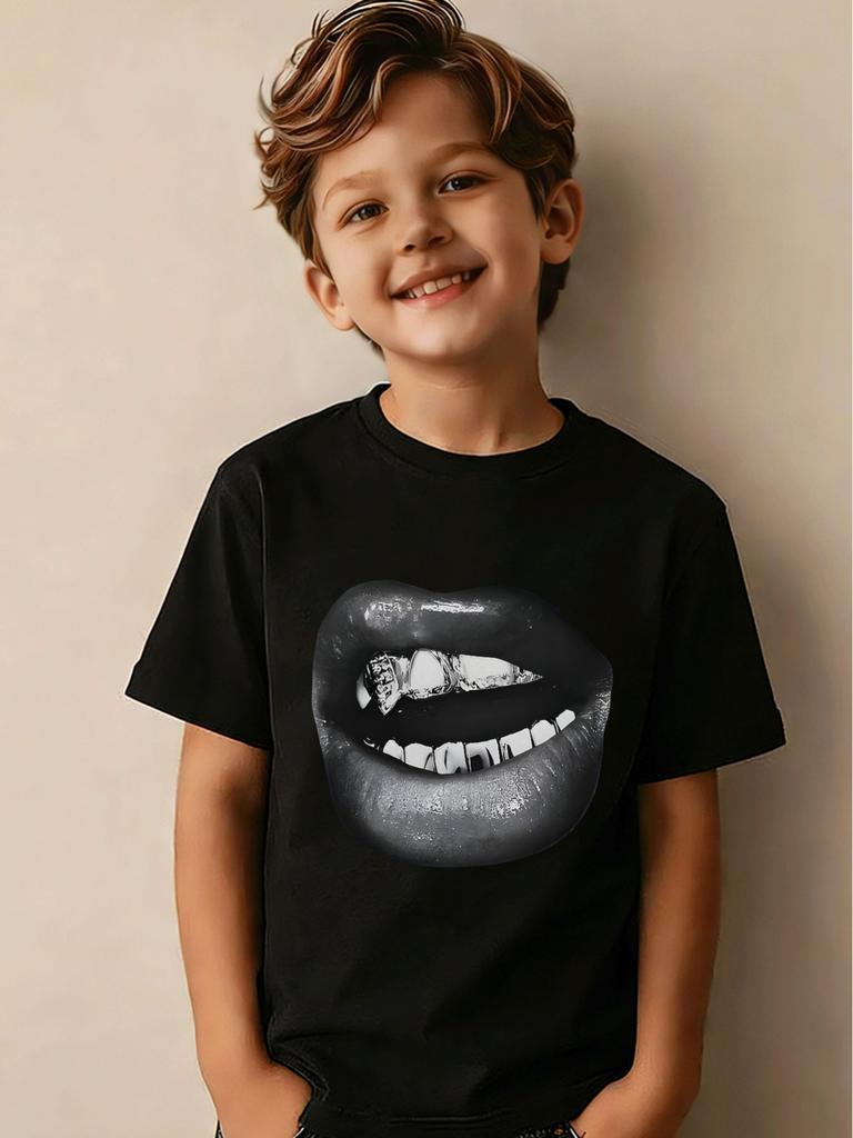Cool Black Lips Diamond Print Kid Cotton T Shirt Boys Girls Parent Child Short Sleeve Casual Breathable Family Daily Fashion Tee