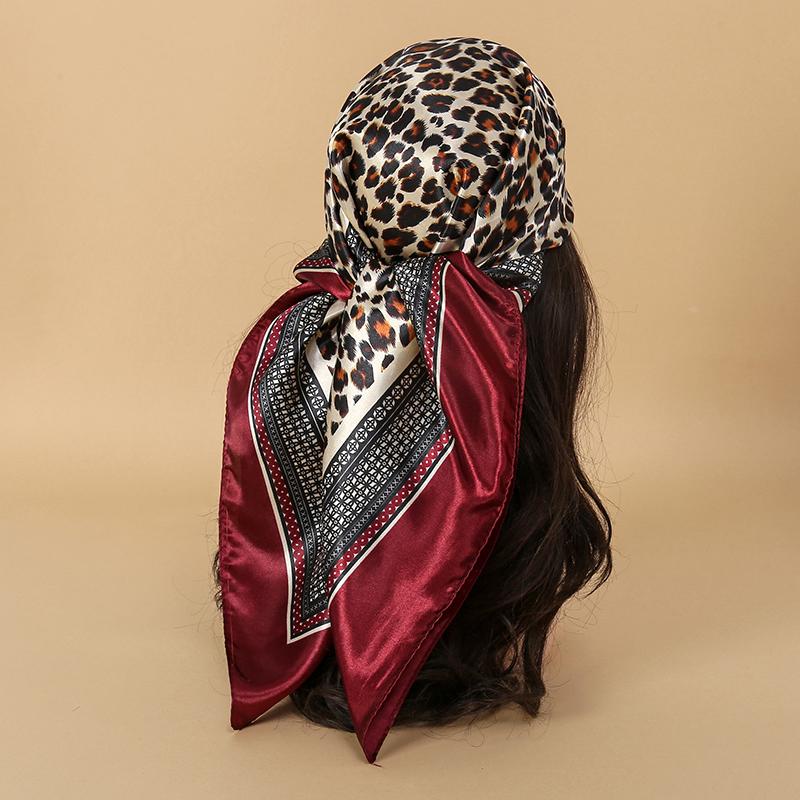 90cm Leopard Print Square Scarf Satin Silk Headband Bandana Woman Hijab Lady Fashion Hairwrap Rock Headscarf Islim Turban
