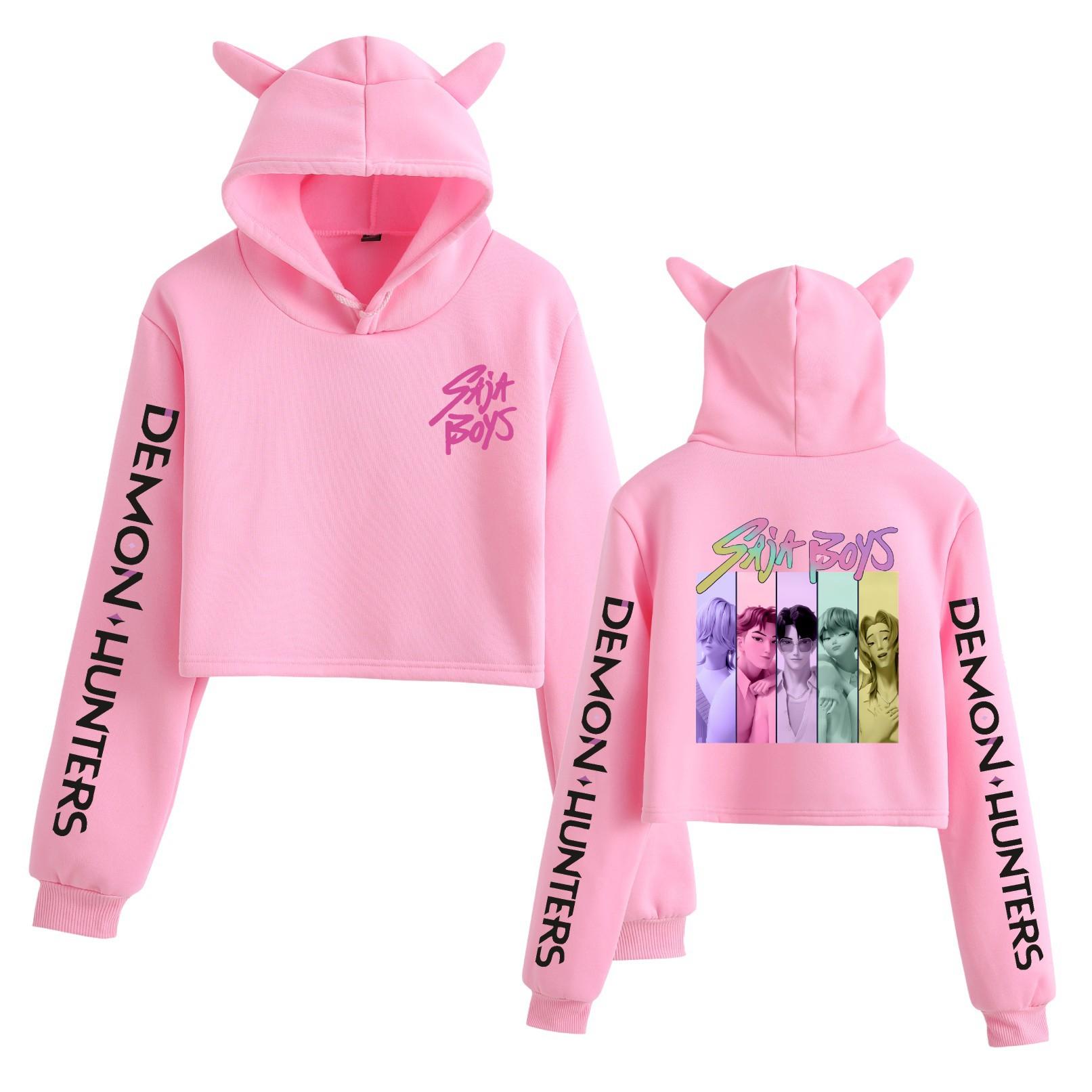 

Streetwear Women Sexy KPop Demon Hunters Print Cropped Sweatshirts Oversize Loose Pullovers Spring Korean Casual Tops XS розовый