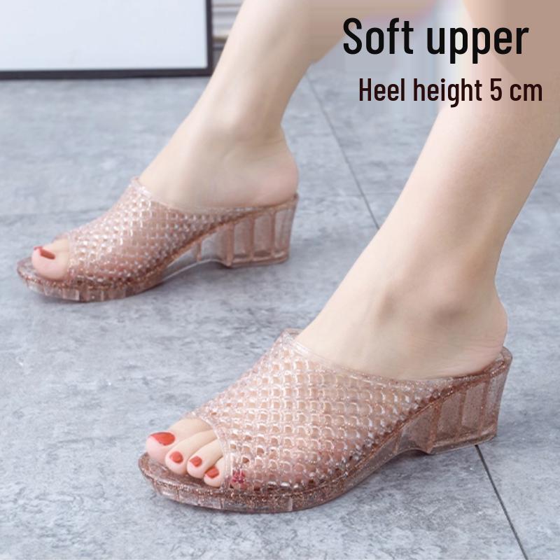 Women's Summer Crystal Wedge Slippers - Non-slip, Odor-proof, Thick Sole Transparent Sandals for Outdoor Wear