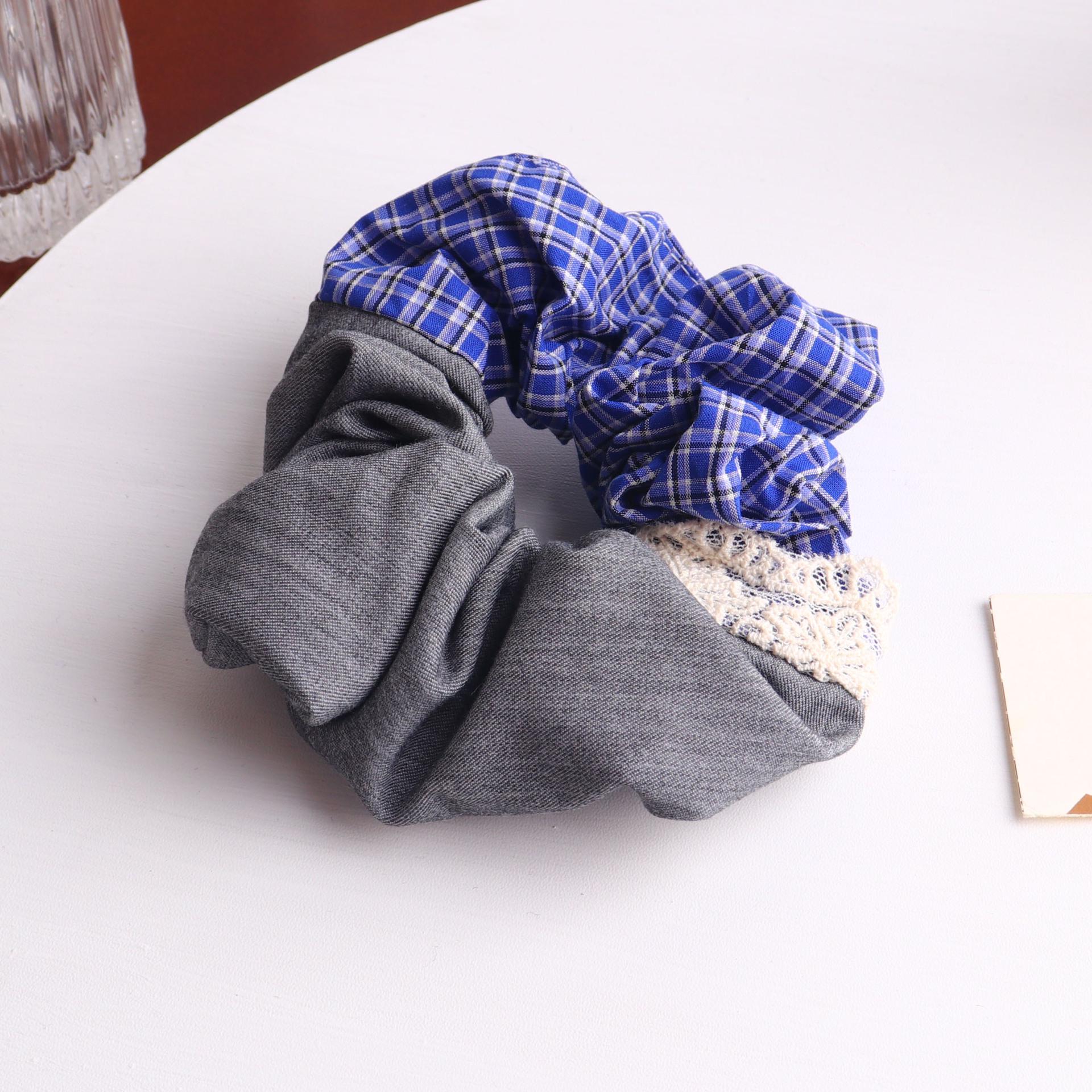 Retro Blue Plaid Hair Tie & Scarf Set: Classic Gray, Lace-Trimmed Ponytail Accessory