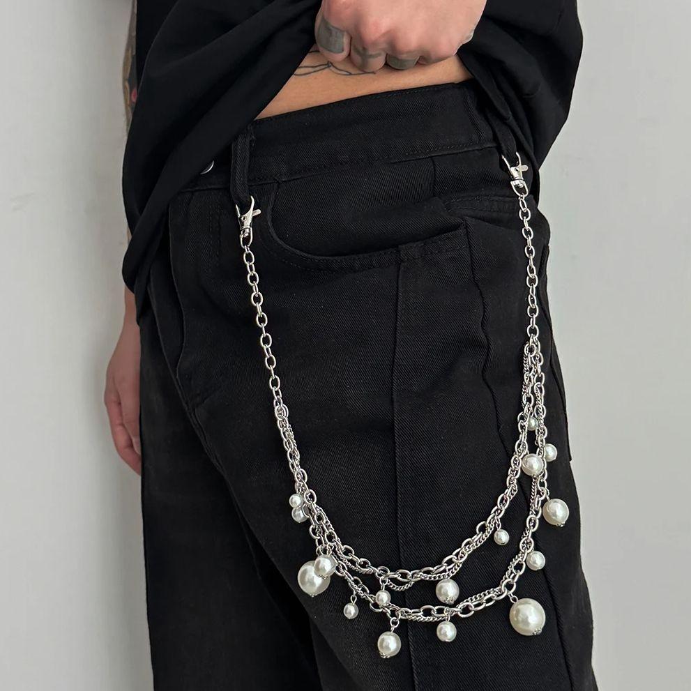 Salircon Punk Metall Imitation Perle Hosenkette Herren 2026 Trendige Silberfarbe Handgefertigte Perlen Jeans Taillenkette Schmuck Zubehör