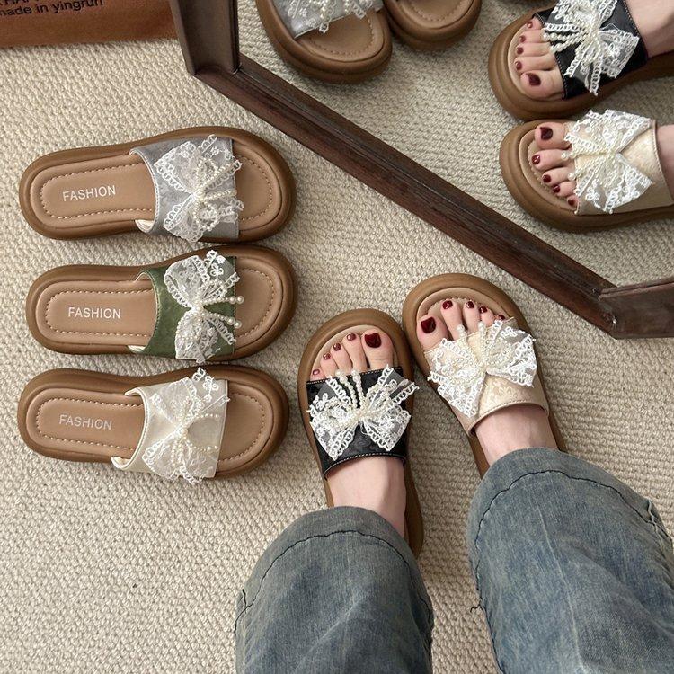 

[Youshilai] 2025 new thick-soled bow one-word outer wear fashionable heightening open-toed beach shoes 35