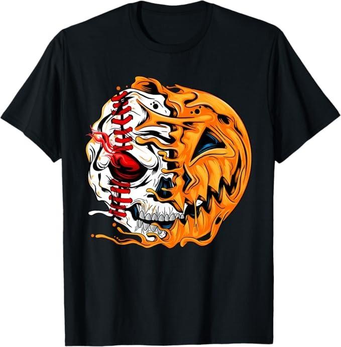 Baseball Player Halloween Pumpkin Skeleton, Skull Kids Teens T-Shirt