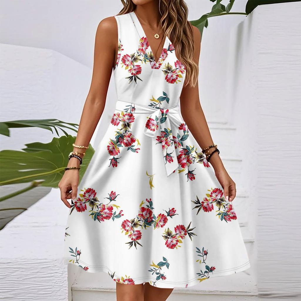 Vestido midi casual feminino primavera e verão, decote em V, sem mangas, cintura, estampa floral